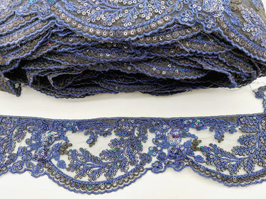 Black Net Scallop Lace Trim with Navy Blue Floral Embroidery With Sequins, Sari Border, Embroidered Trim